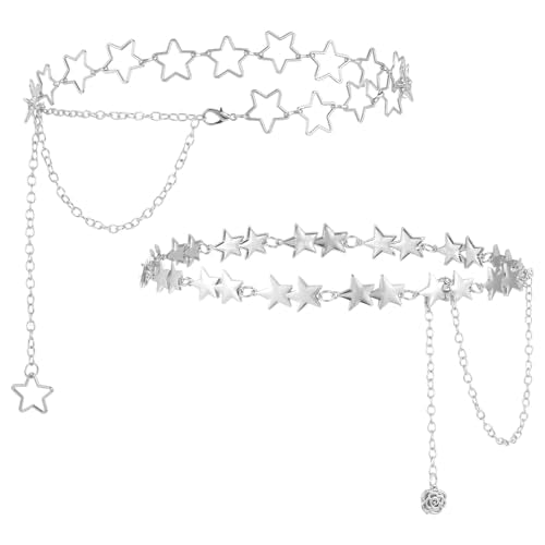 2 Pcs Waist Chain Belt Y2k Metal Star Jeans Pants Chain Adjustable Punk Pocket Body Belly Chains for Dresses Jeans Pants Casual Formal Rave Goth Women Men