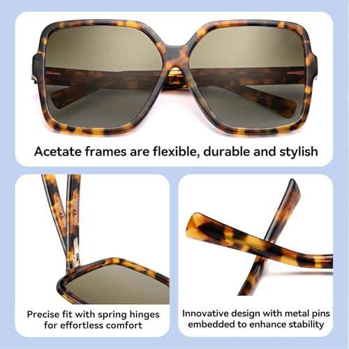 Dollger Oversized Square Sunglasses for Women Big Large Wide Fashion Shades for Men UV Protection Unisex - color: Acetate Frame Tortise -Polarized Lens