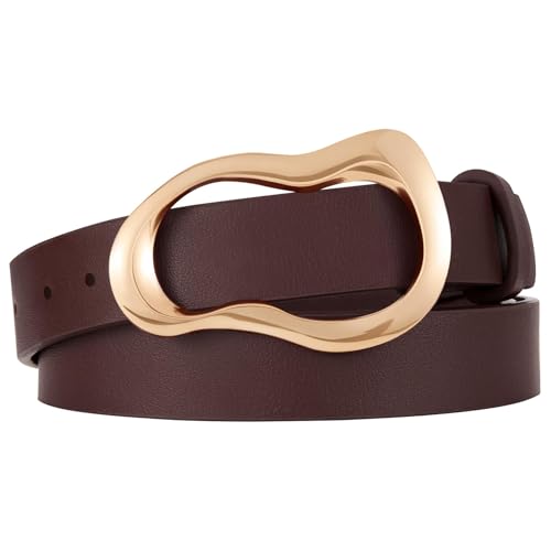 XZQTIVE Leather Belts for Women Casual Fashion Waist Belt for Jeans Pants Dresses with Unique Liquid Shapes Gold Buckle - color: Coffee, size: Fit Waist 44-51in