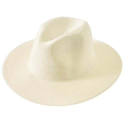 Lanzom Women Wide Brim Straw Panama Roll up Hat Fedora Beach Sun Hat UPF50+ - color: Beige Without Band, size: One Size-Medium