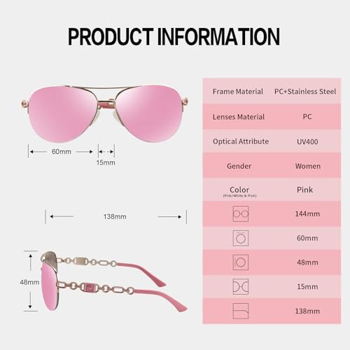 FONHCOO Aviator Sunglasses for Women Men Metal Frame UV400 Mirrored Sunglasses - color: Pink/White＆pink