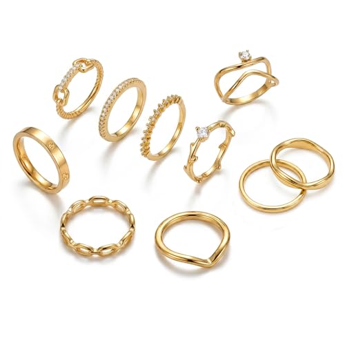 14K Gold Plated Stackable Rings for Women, Non Tarnish Cubic Zirconia Dainty Band Set, Wedding Engagement & Promise Rings, Sizes 5-10