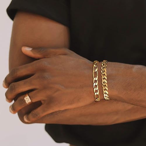 2Pcs Stainless Steel Bracelets for Men 14K Gold Plated Cuban Link Figaro Rope Silver Chain Bracelet Set Curb Width Sturdy Bracelet 7.5/8.3/9 Inches Jewelry Gifts for Dad Husband - color: B:Gold-Figaro+Cuban Link, size: Display Length: 9.0 Inches