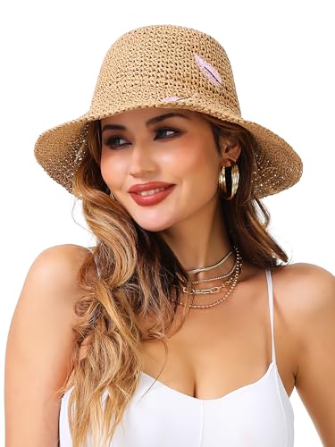 LA CARRIE Womens Sun Hat Floppy Packable Wide Brim UV Protection UPF 50+ Straw Hat with Embroidery for Summer Beach - color: Khaki