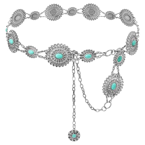 Women's Concho Chain Belt Western Cowgirl Metal Waist Chain Belt for Dress - color: E Turquoise Silver, size: L: 53.1 in
