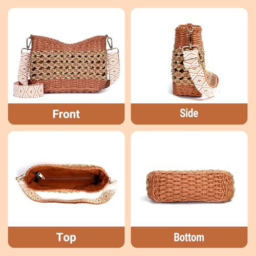 Herald Small Summer Crossbody Bags for Women, Beach Handmade Straw Woven Pocketbooks Handbag Shoulder Purse - color: Orange With Gold Thread