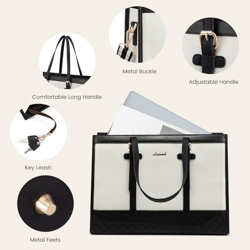 LOVEVOOK Women's Canvas Laptop Tote, 17.3 inch, Large Capacity Work Bag with Clutch Purse, Computer Bag Office Business Briefcase, Casual Handbag for Travel College Teacher School - color: A-black & White, size: 17.3 inch