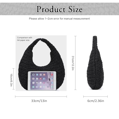 Fecialy Straw Bag for Women Crescent Shoulder Handbag Straw Summer Beach Tote Handbag Raffia Woven Hobo Bag - color: Black