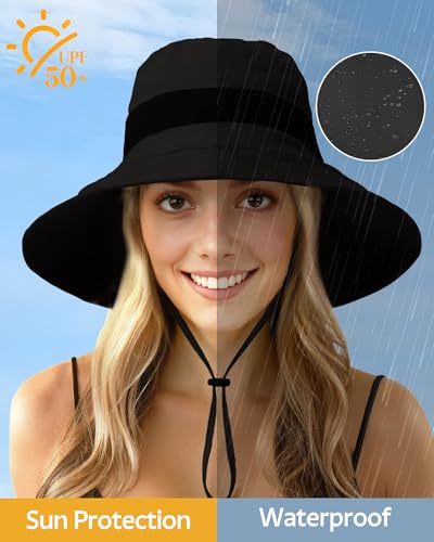 Senker Fashion Sun Hats for Women UV Protection, Waterproof Ponytail Wide Brim Bucket Hat for Summer Beach Gardening Travel - color: Black