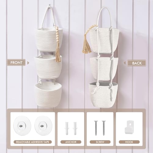 Fabric Wall Hanging Organizers - Small Woven Baskets Pouches Set Boho Style Wall Mounted Bag with Adhesive Hook, Storage Decoration Pocket Caddy for Closet Playroom RV Nursery (White & White) - color: White & White