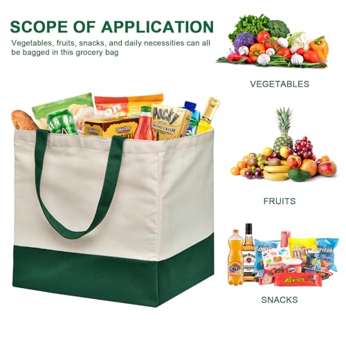 Reusable Grocery Bags Heavy Duty, 8.3 gal Foldable Large Canvas Tote Bag with Handles, Holds 60 lbs Canvas Shopping Bags, 1 Pack（Retro Green） - color: [A1] Off White / Retro Green, size: 1 Pack