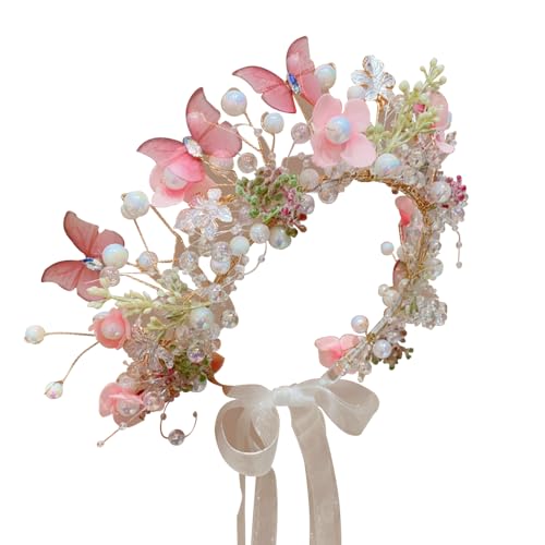 Boho Floral Crown for Women– Adjustable Faux Silk Flower Headband, Handmade Wedding Hair Accessory for Festivals & Photoshoots, Flower Hair Crown for Women (Pink Butterfly, Adjustable) - color: Pink Butterfly
