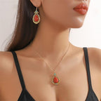 Handmade Teardrop Turquoise Earrings Necklace Set for Women Bohemia Tribal Antique Ethnic Style Earring Delicate Teardrop Gemstone Dangle Drop Statement Earrings Western Jewelry - color: Red