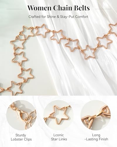 AWAYTR Cute Chain Belts for Women - Metal Waist Chain Belt for Dresses Jeans Country Concert Outfit - color: Gold-star