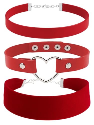 3-Pack Chokers — Velvet (1.5") + Leather (0.6") + Heart Pendant, Adjustable 12–18", Stainless Steel Hardware, 90s/Goth Layering Set — Black | Red | Green | White - color: Red