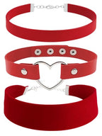 3-Pack Chokers — Velvet (1.5") + Leather (0.6") + Heart Pendant, Adjustable 12–18", Stainless Steel Hardware, 90s/Goth Layering Set — Black | Red | Green | White - color: Red