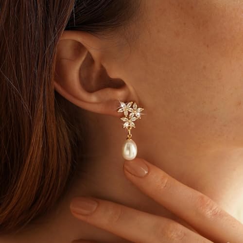 Hayopi Pearl Earrings for Women - Dainty Gold Dangle Drop Earrings, 14k Gold Plated Cute Bow Design, Hypoallergenic Pearl Studs, Wedding Jewelry Gifts - color: three flower