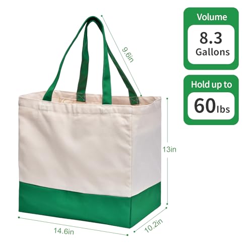 Reusable Grocery Bags Heavy Duty, 8.3 gal Foldable Large Canvas Tote Bag with Handles, Holds 60 lbs Canvas Shopping Bags - color: [A1] Off White / Green, size: 1 Pack