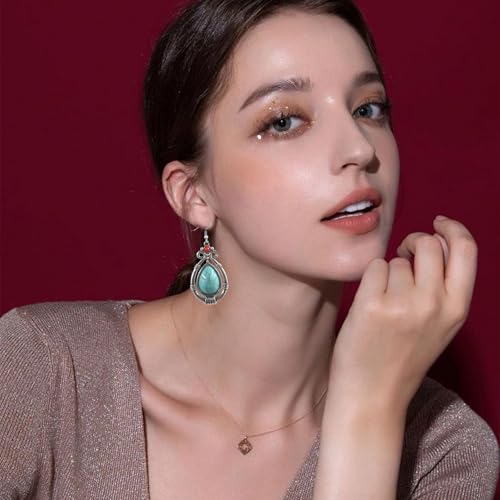 Handmade Teardrop Turquoise Earrings Necklace Set for Women Bohemia Tribal Antique Ethnic Style Earring Delicate Teardrop Gemstone Dangle Drop Statement Earrings Western Jewelry - color: Turquoise Choker Necklace