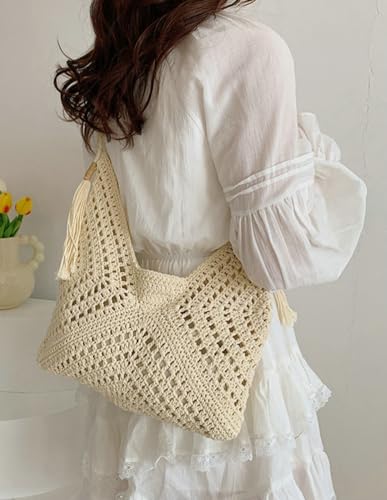 Boho Straw Bags for Women Large Woven Tote Bag Straw Beach Bag Shoulder Bags Purse Handbags Summer Straw Hobo Bag - color: Beige