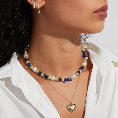 KissYan Beaded Choker Necklace for Women, Colorful Natural Gemstones Pearl Choker 14K Gold Plated Pendant Healing Crystal Necklace Handmade Stone Jewelry Gift - color: S-Lazurite