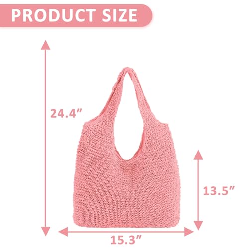 Hand-woven Soft Large Straw Shoulder Bag Boho Straw Handle Tote Retro Summer Beach Bag Rattan Handbag - color: Bright Pink