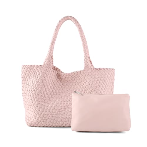Handmade Woven Bag Satchel Handbag For Women Vegan Leather Tote Bag With Purses Travel Shoulder Bag Underarm Bag - color: Pink