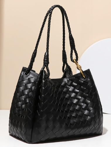 2 Pcs Slouchy PU Leather Woven Bucket Hobo Bags Women Underarm Shoulder Crossbody Purse Top-handle Tote Handbag 2025 - color: Black