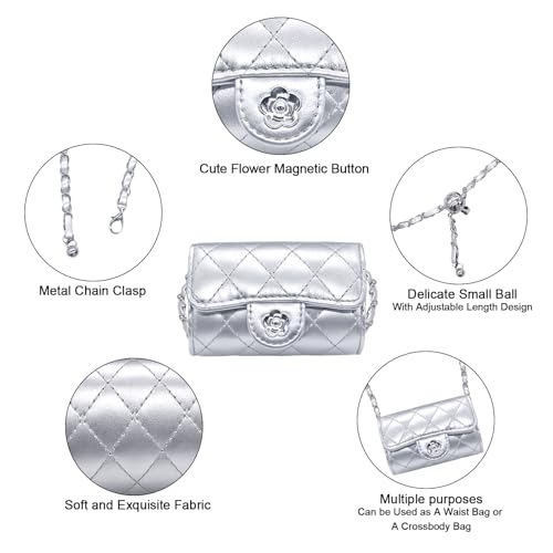 YAMEIZE Mini PU Leather Chain Belt Bag for Women Quilted Waist Purse Crossbody Fanny Pack Detachable Belt Chain - color: Silver - Mini (4.7x2.7 Inch)