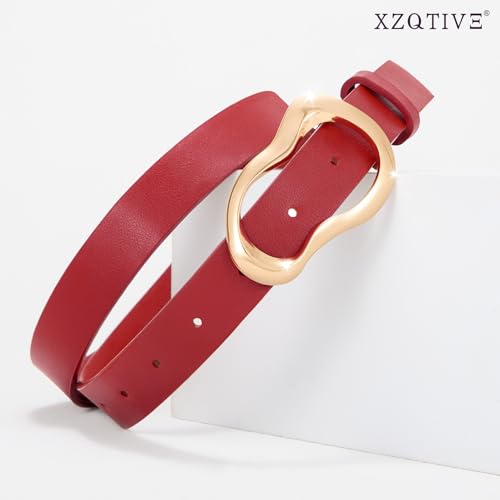 XZQTIVE Leather Belts for Women Casual Fashion Waist Belt for Jeans Pants Dresses with Unique Liquid Shapes Gold Buckle - color: Red, size: Fit Waist 28-35in