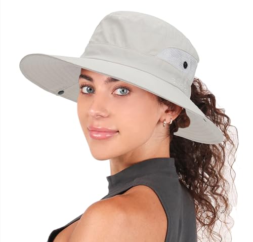 Womens Summer Sun Hat Beach Hat Wide Brim Outdoor UV Protection Hat Packable Mesh Bucket Hat with Ponytail Hole - color: Solid Beige