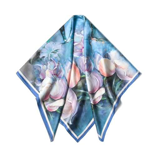 SHIROUYU 100% Pure Mulberry Silk Scarf 35" Large Square Lightweight Headscarf –Women’s Hair Wraps The shawl-With Gift Packed - color: Blue-lotus