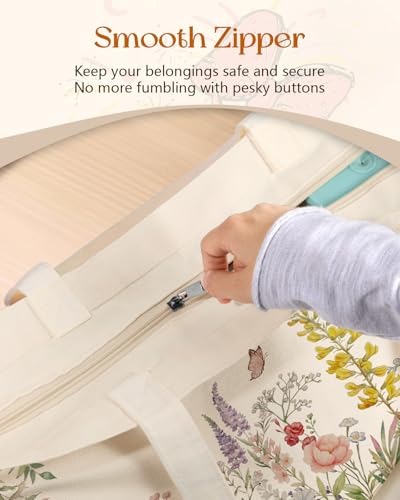 Miss Adola Canvas Tote Bag with Zipper – Cute Canvas Bags for Women Aesthetic Design Reusable Totes for Shopping Work Travel - style: Fresh Flowers