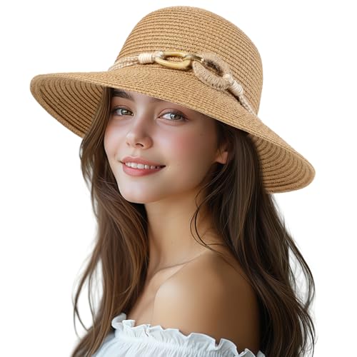 Beach Sun Straw Hats for Women, UPF 50+ UV Sun Protection Wide Brim Summer Straw Hat Foldable Packable Roll up Cap - color: Hemp Rope Buckle - Khaki