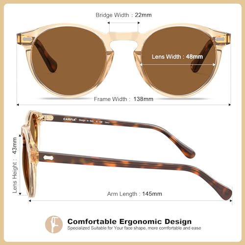 CARFIA Polarized Sunglasses for Women: Acetate Frame, Small/Medium Size, UV400 Protection - Anti Glare CA5288 - color: 6. Clear Brown Frame Brown Lens