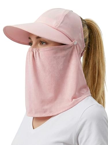Outdoor Wide Brim Sun Hat Visor for Women, Detachable Face & Neck Cover, Hiking Gardening UPF 50+, Ponytail Friendly - color: Pink