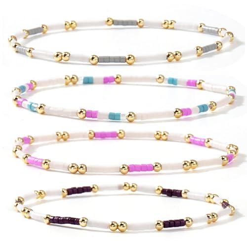Dainty Gold Colorful Beaded Bracelets Stack for Women,4PCS Cute Bohemian Colorful Small Beads Stackable Stretch Bracelet Set Trendy Holiday Party Accessories Jewelry Gift Friendship - color: Purple