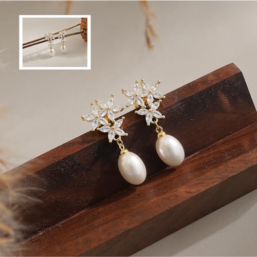 Hayopi Pearl Earrings for Women - Dainty Gold Dangle Drop Earrings, 14k Gold Plated Cute Bow Design, Hypoallergenic Pearl Studs, Wedding Jewelry Gifts - color: three flower