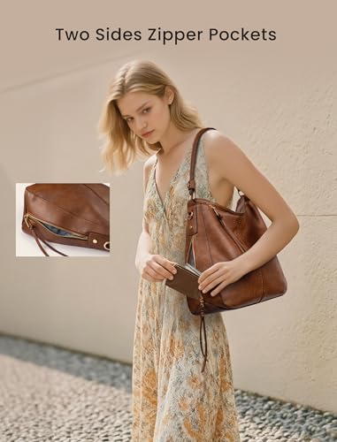 Realer Hobo Crossbody Bags for Women Designer Faux Leather Hobo Handbags Retro Large Size Shoulder Bag Bucket Purse - color: Brown-gold Hardware, size: Large-15.2 inch