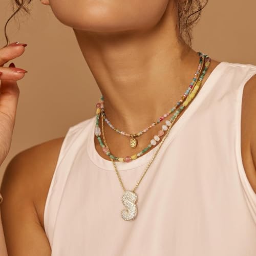 KissYan Beaded Choker Necklace for Women, Colorful Natural Gemstones Pearl Choker 14K Gold Plated Pendant Healing Crystal Necklace Handmade Stone Jewelry Gift - color: W-Rainbow