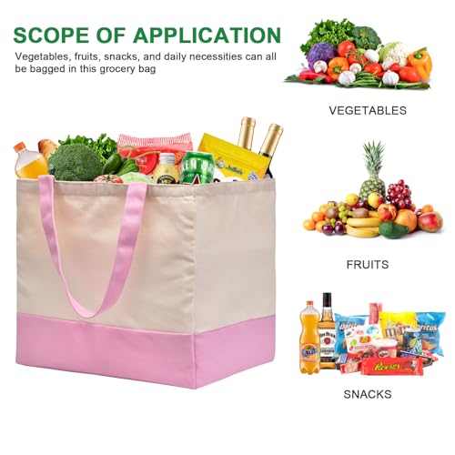 Canvas Reusable Grocery Bags Heavy Duty, 8.3 gal Foldable Large Tote Bag with Handles, Holds 60 lbs Canvas Shopping Bags, 1 Pack - color: [A1] Off White / Pink, size: 1 Pack