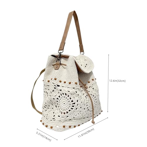 Eiyye Handmade Crochet Backpack for Women Premium Cotton Rope Boho Rucksack with Adjustable Straps Lightweight Woven Shoulder Backpack for Travel Beach & Everyday Casual