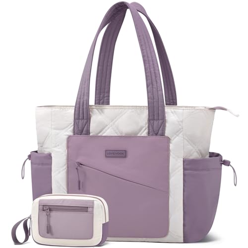LOVEVOOK Tote Bag for Women, puffer tote bag for Work Travel Nurse, Lightweight quilted Bags with Compartments - color: ‎m-15.6 Inch-cream-purple