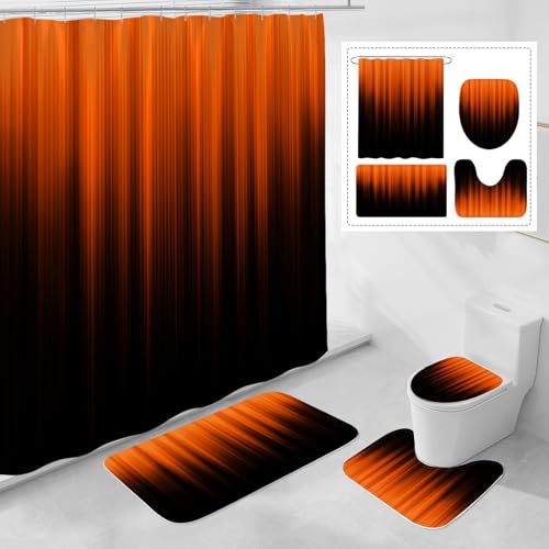 Litabel 4 Pcs Orange and Black Gradient Shower Curtain Set with Rugs and Toilet Lid Cover, Modern Simple Waterproof Fabric Bathroom Set, Ombre Stripe Gothic Abstract Bathroom Decor Set Accessories - color: Orange