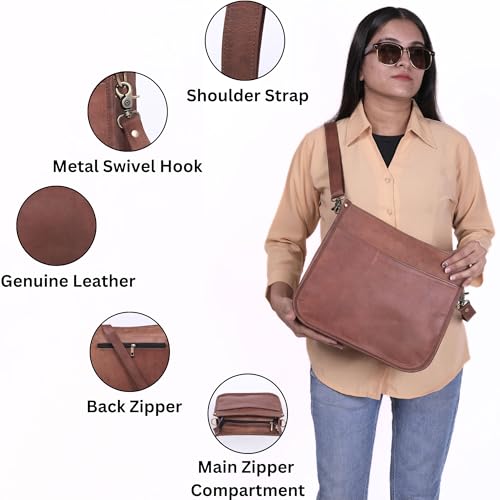 Genuine Leather Crossbody Purse for Women – Medium Satchel Bag with Zipper Pocket – Soft Vintage Boho Handbag - color: Brown