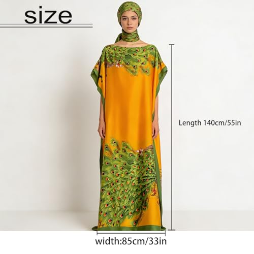 Women's Print Kaftan & Scarf Set, Boat Neck Silky Shawl Dress, Elegant Boho Chic Cape Wrap for Swimsuit Cover Up
