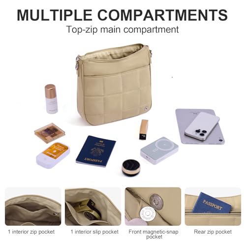 Anti Theft Crossbody Bags for Women,Quilted Puffer Travel Purses Shoulder Hobo Bag Handbag with Guitar Strap - color: Khaki