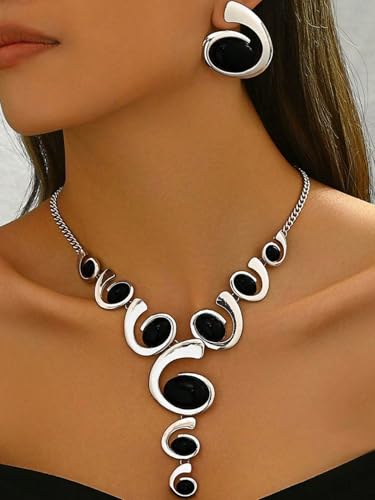 Gold Jewelry Set, Silver Black Boho Western Chunky Vintage Pendant Necklace Stack Trendy Adjustable Non Tarnish Cowgirl Dainty Hypoallergenic Earrings Jewelry Sets For Women - color: Silver set