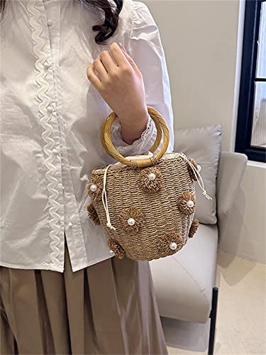 Summer Straw Bag for Women Pearl Flower Bucket Tote Bag Diamond Handbag Hand Woven Rattan Shell Purse Drawstring - color: A-khaki