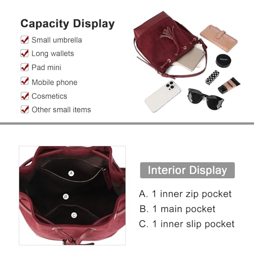 AFKOMST Faux Suede Bucket Bags and Drawstring Crossbody Purse for Women Medium Tote Handbags with 2 Shouder Straps | Fit Pad mini, Long Wallet, Removable Long Strap - color: Burgundy